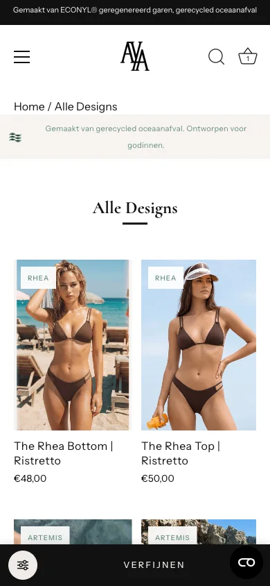 Echt scherm: de collectiepagina van AYA Label op mobiel met de vaste knop Verfijnen