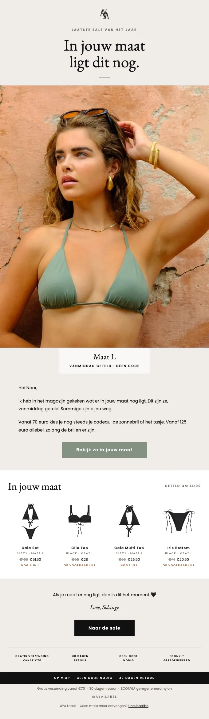 Dezelfde mail voor Noor: maat L, vier stukken in zwart
