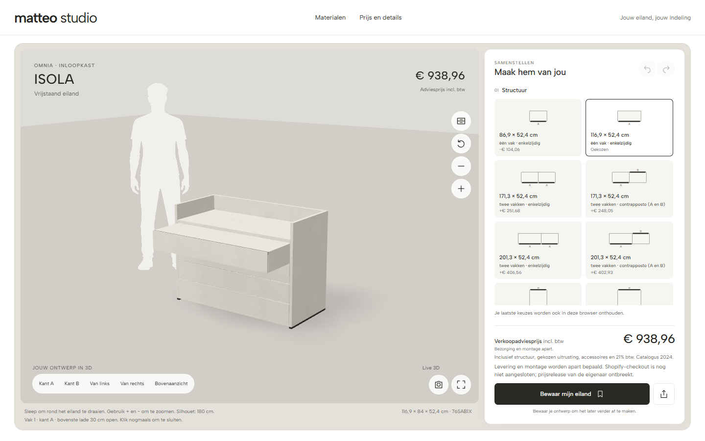 Echt scherm: de Isola-configurator met open lade en materiaalkeuze